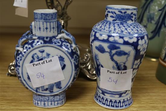 Two famille verte vases, two blue and white Chinese vases, a dish and a carved stand